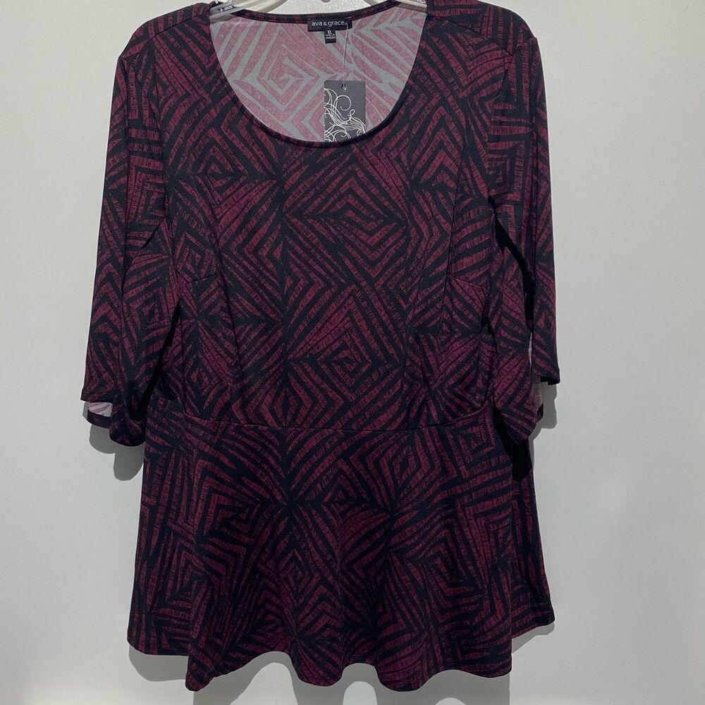 Ava & Grace‎ Women's Black Pink Geometric 3/4 Sleeve Blouson Blouse Size XL NWT